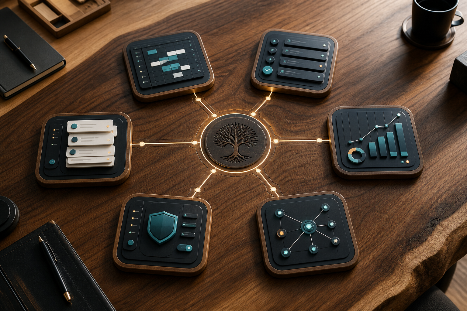 A wood table with connected operating tiles for planning deployment scope