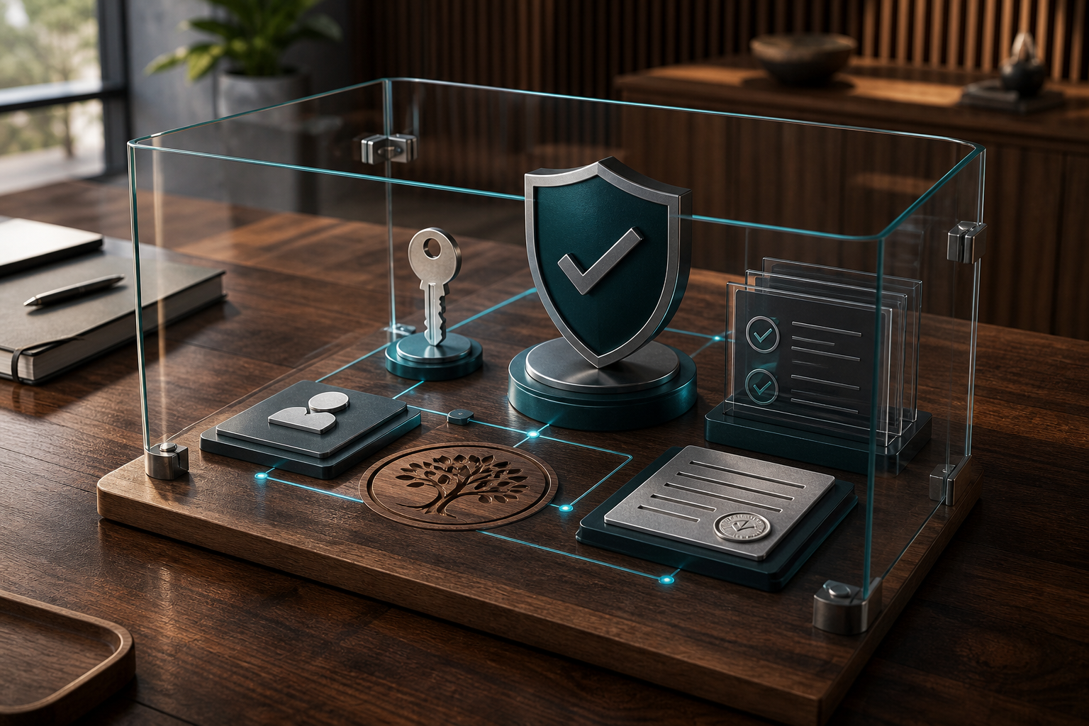 A wood table trust model with a glass boundary, shield, key, and receipt controls